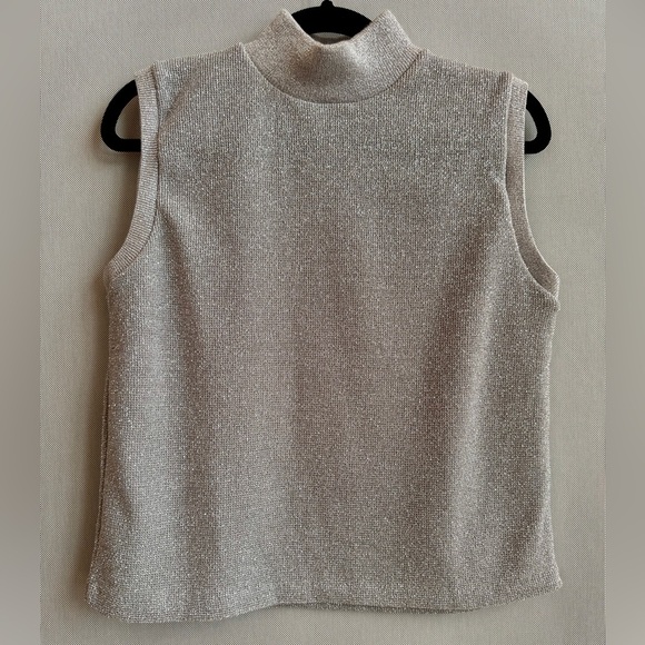 Audrey L | Silver Metallic Sleeveless Mock Neck Knit Top | Size M - Picture 1 of 7